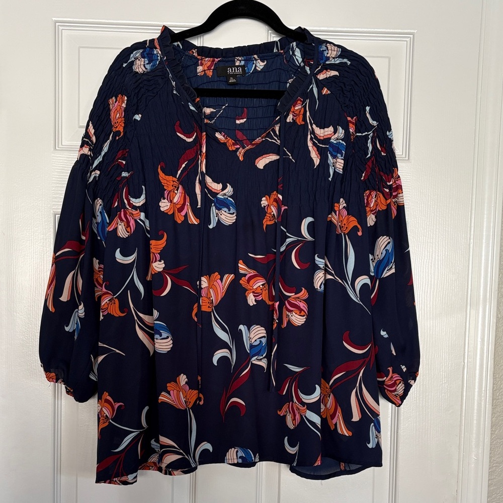 a.n.a Navy and Orange Floral Blouse